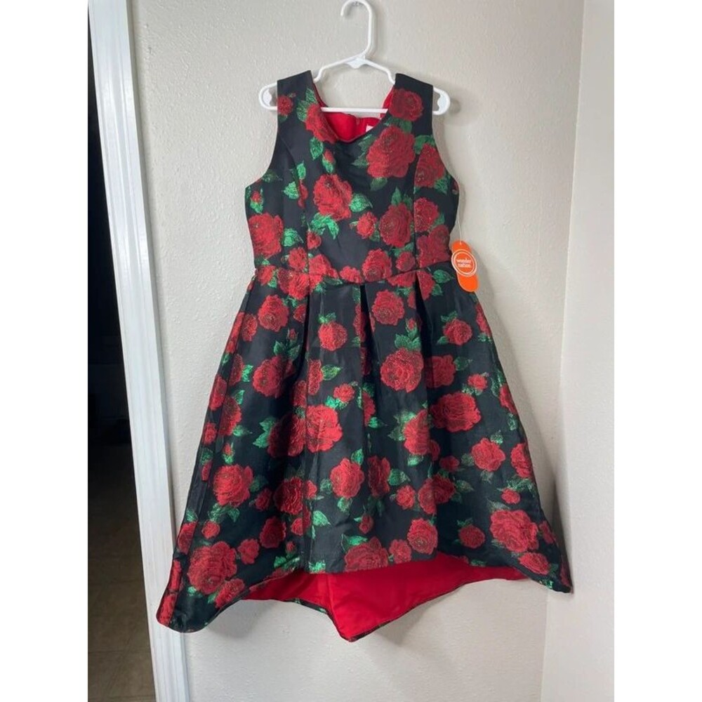Wonder Nation Girls Size 12 Black Red Rose Metallic Holiday Party Dress NWT